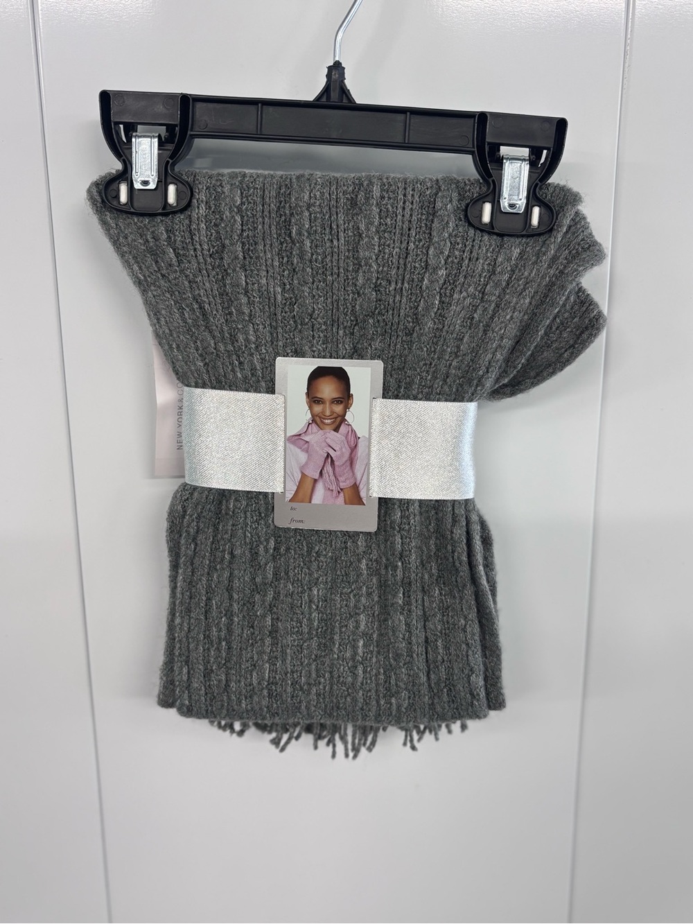 NY & C Women's Gray Solid Knit Scarf Wrap with Fringe Accents